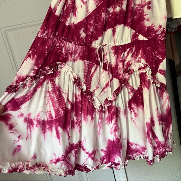 S/W/F magenta white tie dye rayon sleeveless tie waist tiered mini dress - Picture 3 of 6